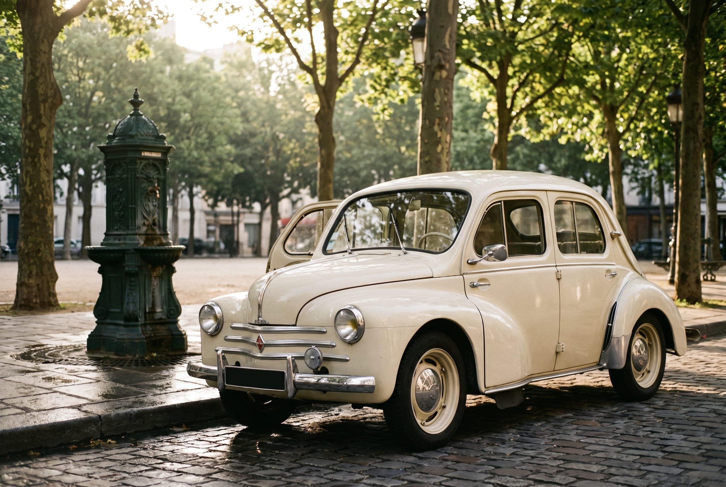Ein cremefarbener Renault 4CV neben einem grünen Brunnen auf einem begrünten Pariser Platz