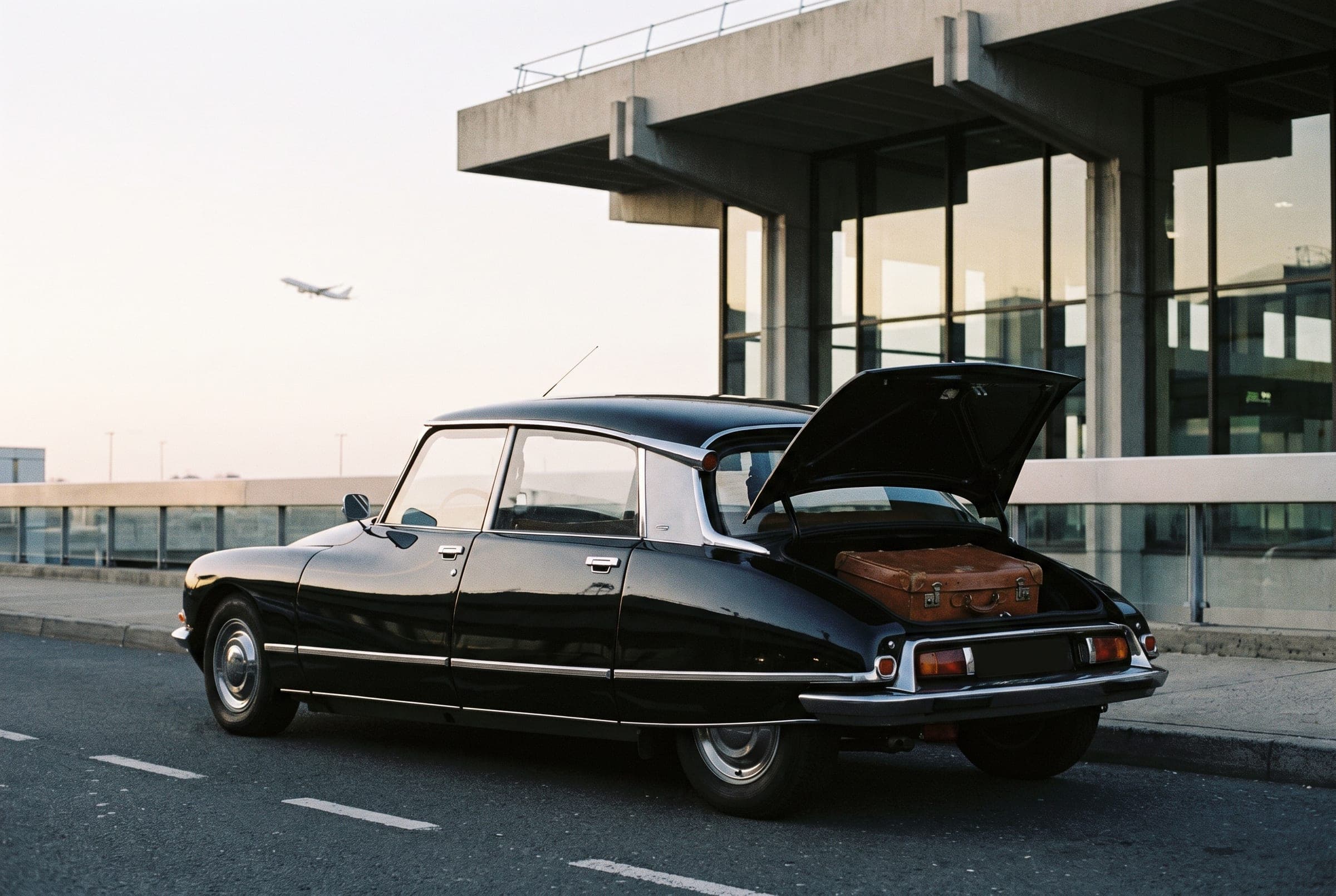 Eine schwarze Citroën DS mit geöffnetem Kofferraum wartet im Morgengrauen am Bordstein des Flughafens