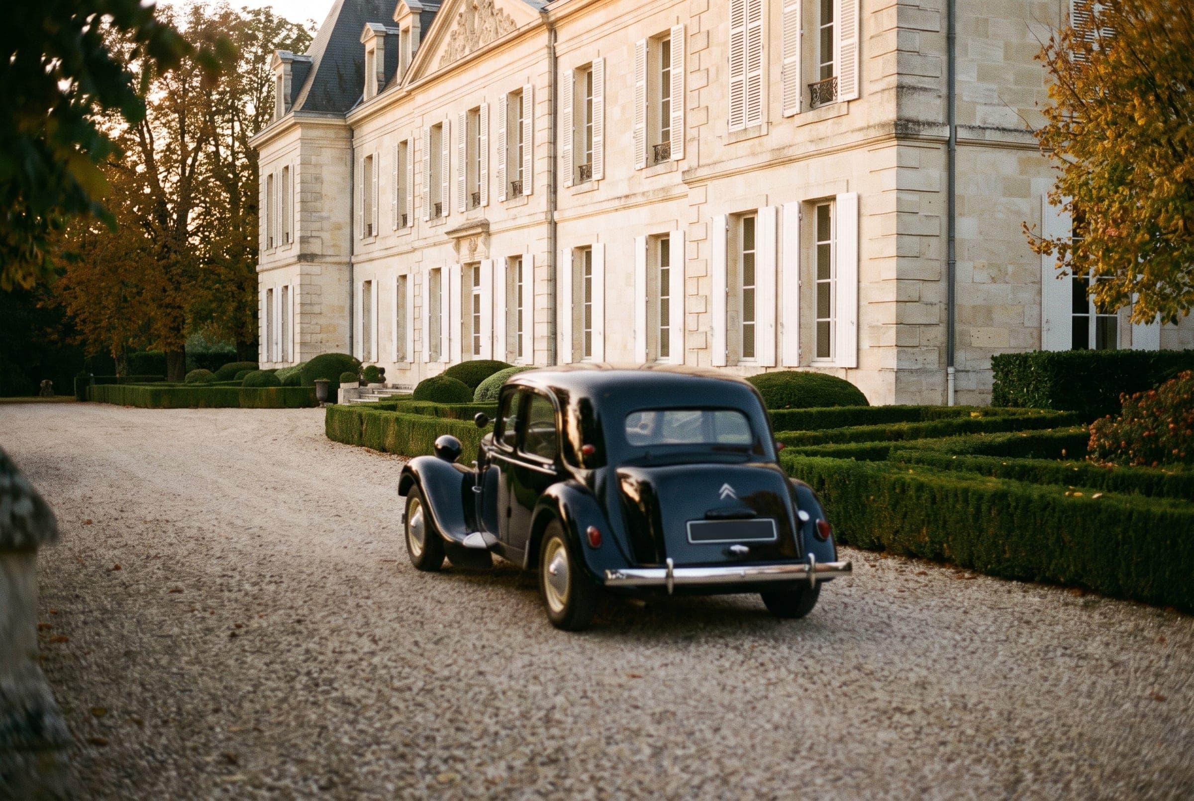 Ein schwarzer Citroën Traction Avant fährt auf der Kieseinfahrt eines Schlosses vor