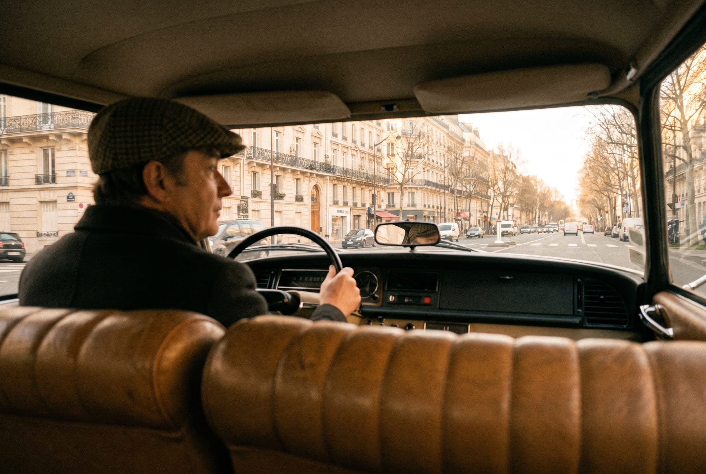 View from the back seat of a classic car driving along a Paris boulevard
