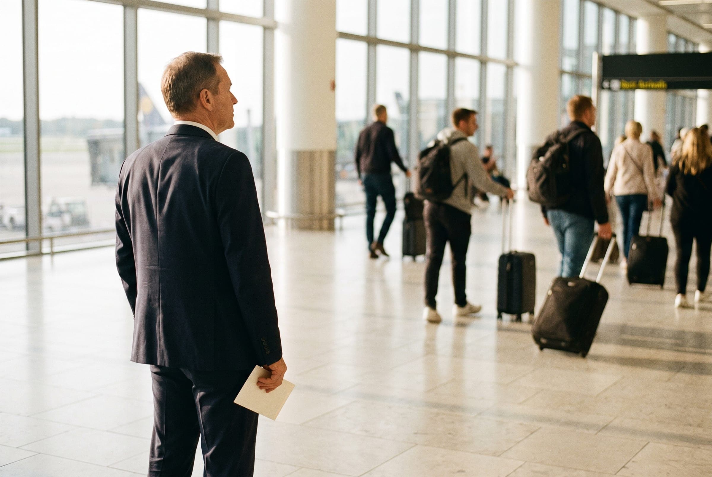 A chauffeur in a navy suit waiting in an airport arrivals hall