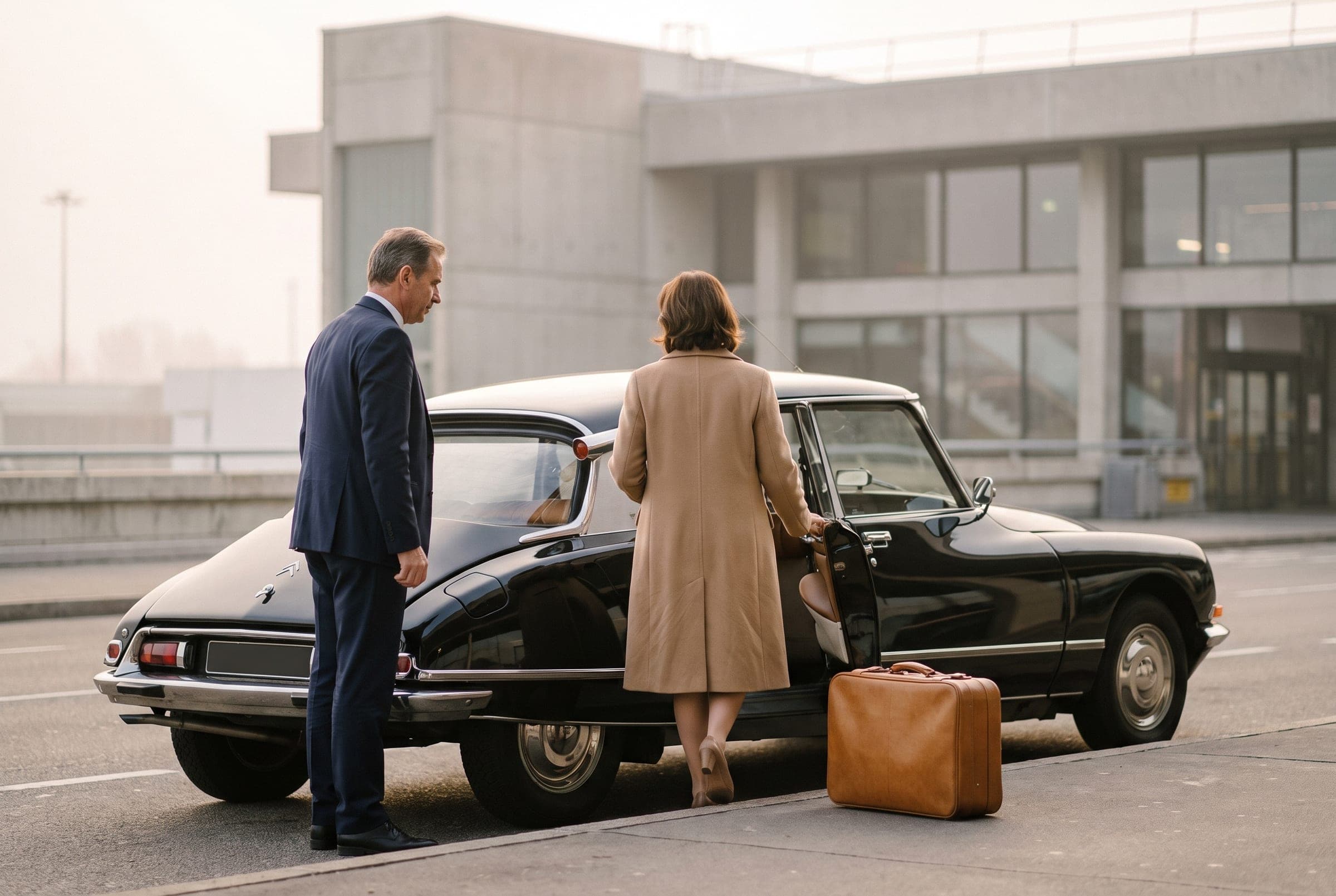 Ein Chauffeur neben einer schwarzen Citroën DS am Bordstein des Flughafens, während ein Gast auf den Wagen zugeht