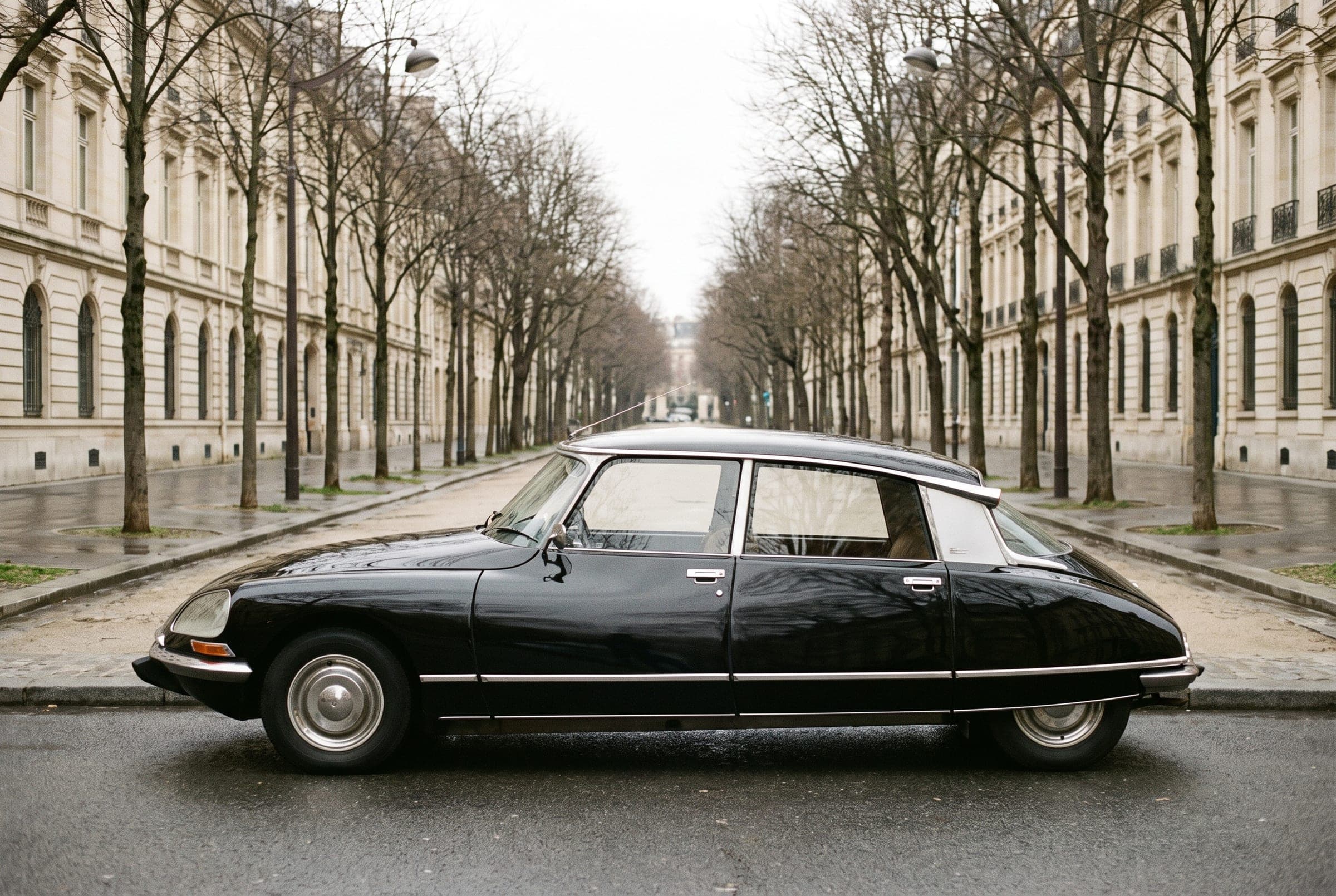Side profile of a black Citroën DS Pallas on a tree-lined Paris avenue