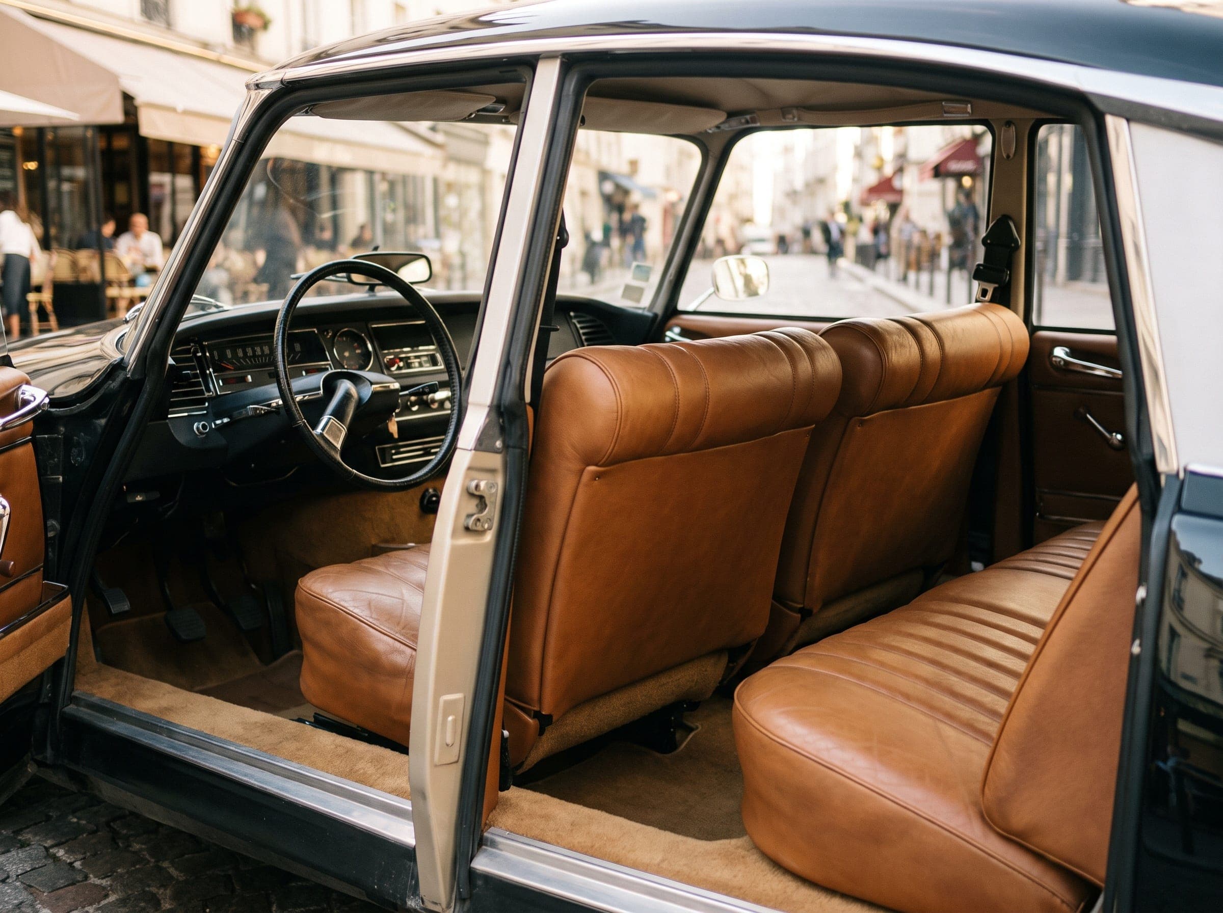Hellbraune Ledersitze und das Einspeichenlenkrad einer Citroën DS